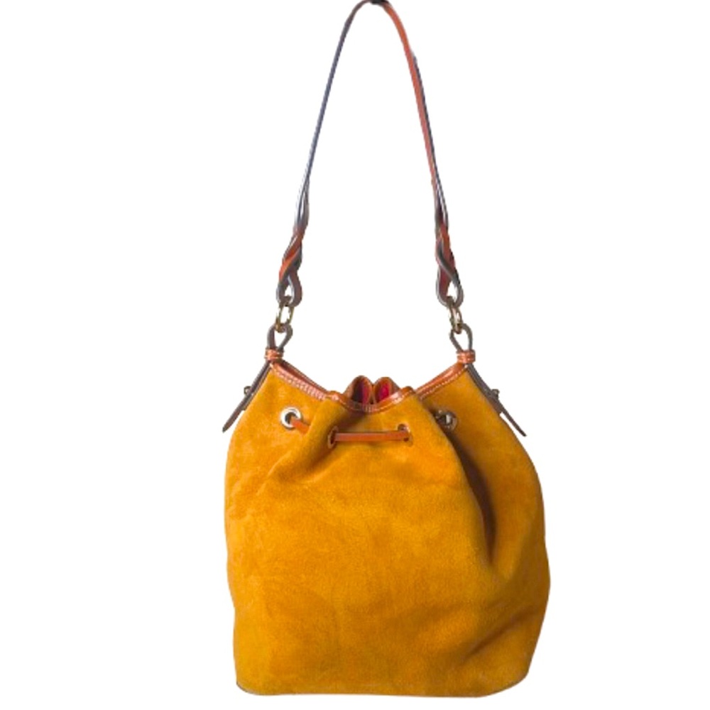 DOONEY BOURKE Honey Suede Bucket Bag w/ Brown Leather Drawstring Tassel Pull - Picture 16 of 17